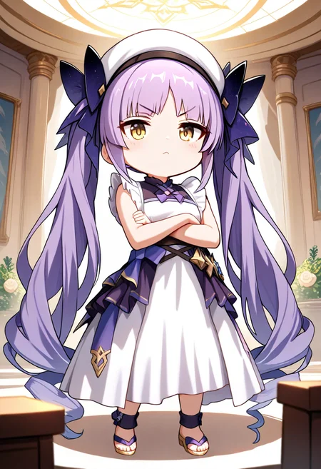 masterpiece,high score,great score,absurdres,<lora:ani40_stabilizer_v0.1:0.8>,<lora:Kyouka_ani4_xl_v1-000014:0.8>,(chibi),kyouka \(princess connect!\),1girl,solo,white dress,very long hair,purple hair,twintails,yellow eyes,standing,crossed arms,frills,looking at viewer,white headwear,