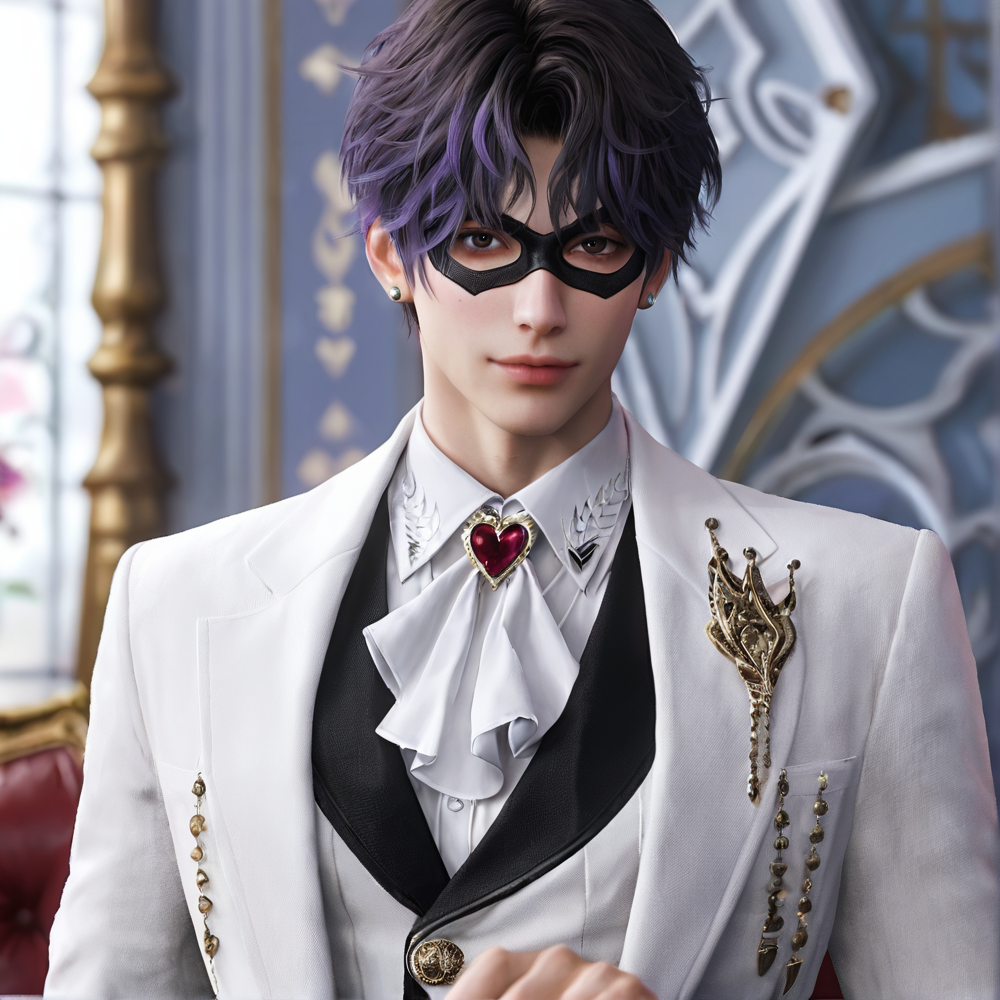 1boy,purple hair,black eyebrows,brown eyes,earring,(black domino mask:1.1),white jacket,(black patterns:1.1),grey vest,white ascot,heart pattern,white shirt,lapel pin,white pants,depth of field,gorgeous background,formal,indoors,looking at viewer,male focus,solo,masterpiece,best quality,high quality,detailed hair,detailed face,detailed skin,realistic,<lora:L&DsRafayel(ZQ)_v1.0:0.5>,