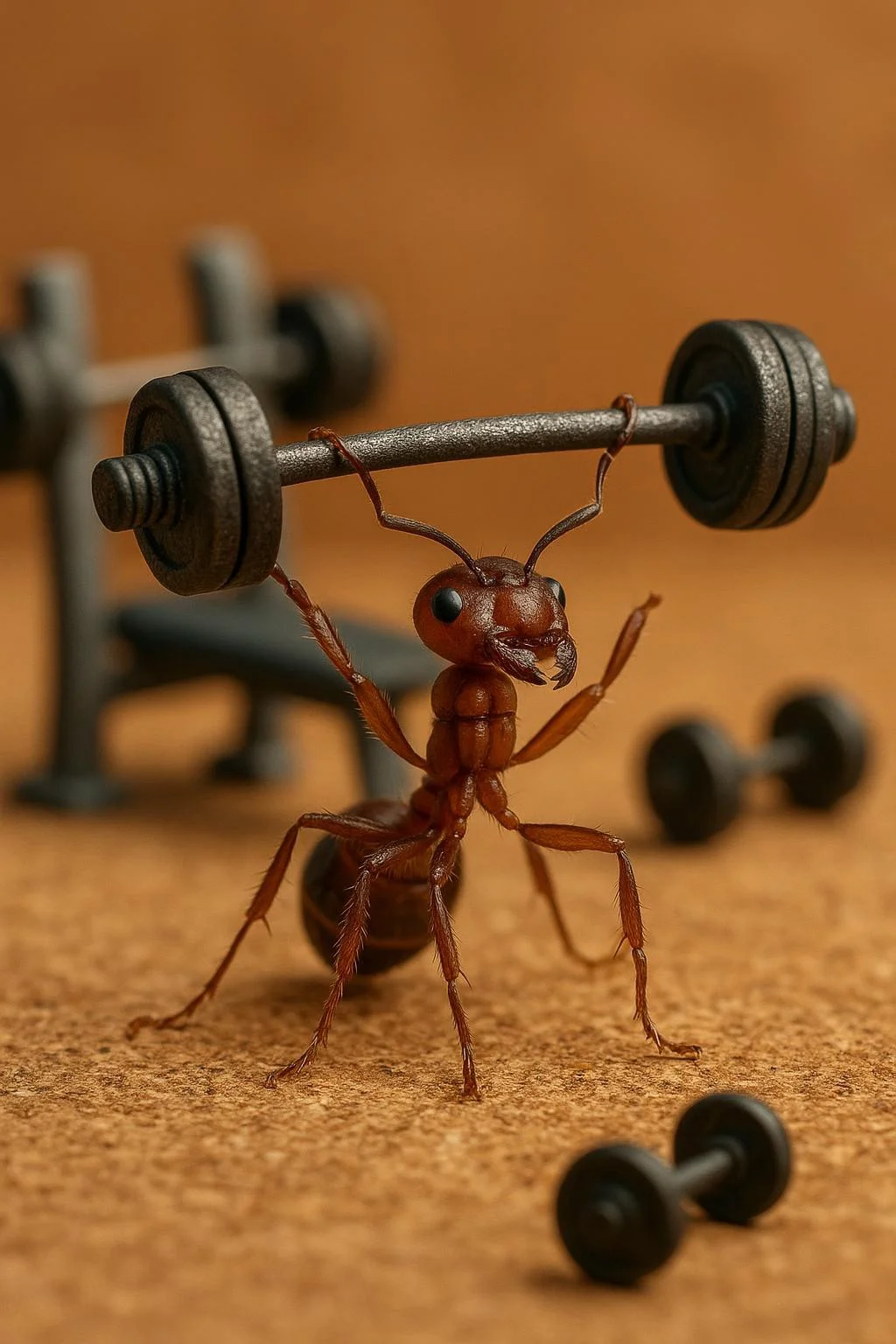 macro photo, ant lifting a tiny dumbbell, bodybuilding in a miniature gym, high detail, humorous and cute