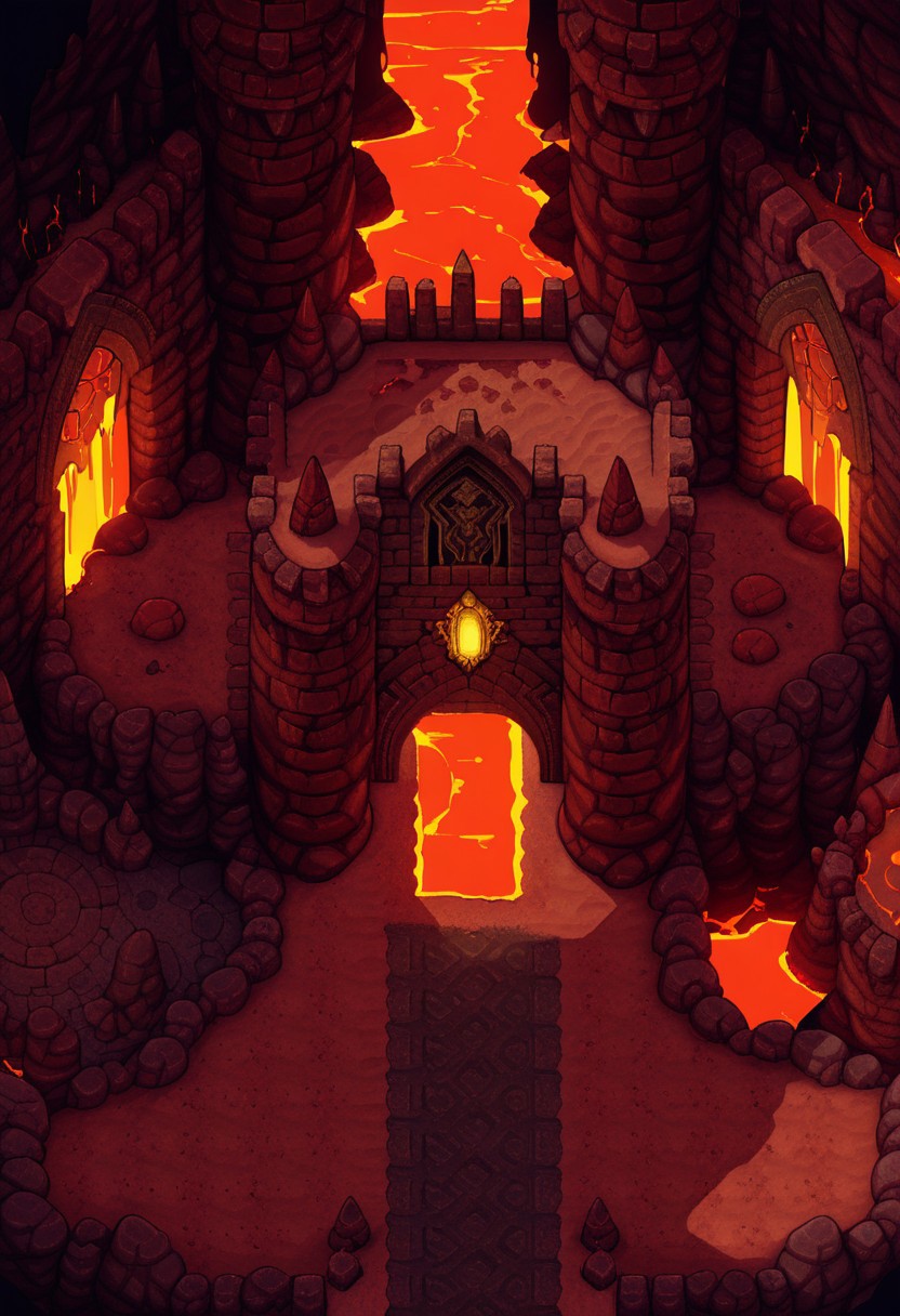 AMAZING QUALITY, MASTERPIECE, PARADOX PARALLAX, SCENERY, FROM ABOVE, DESERT, CASTLE, ARCHWAY, ENTRANCE, ROCKS, LAVA, MOLTEN