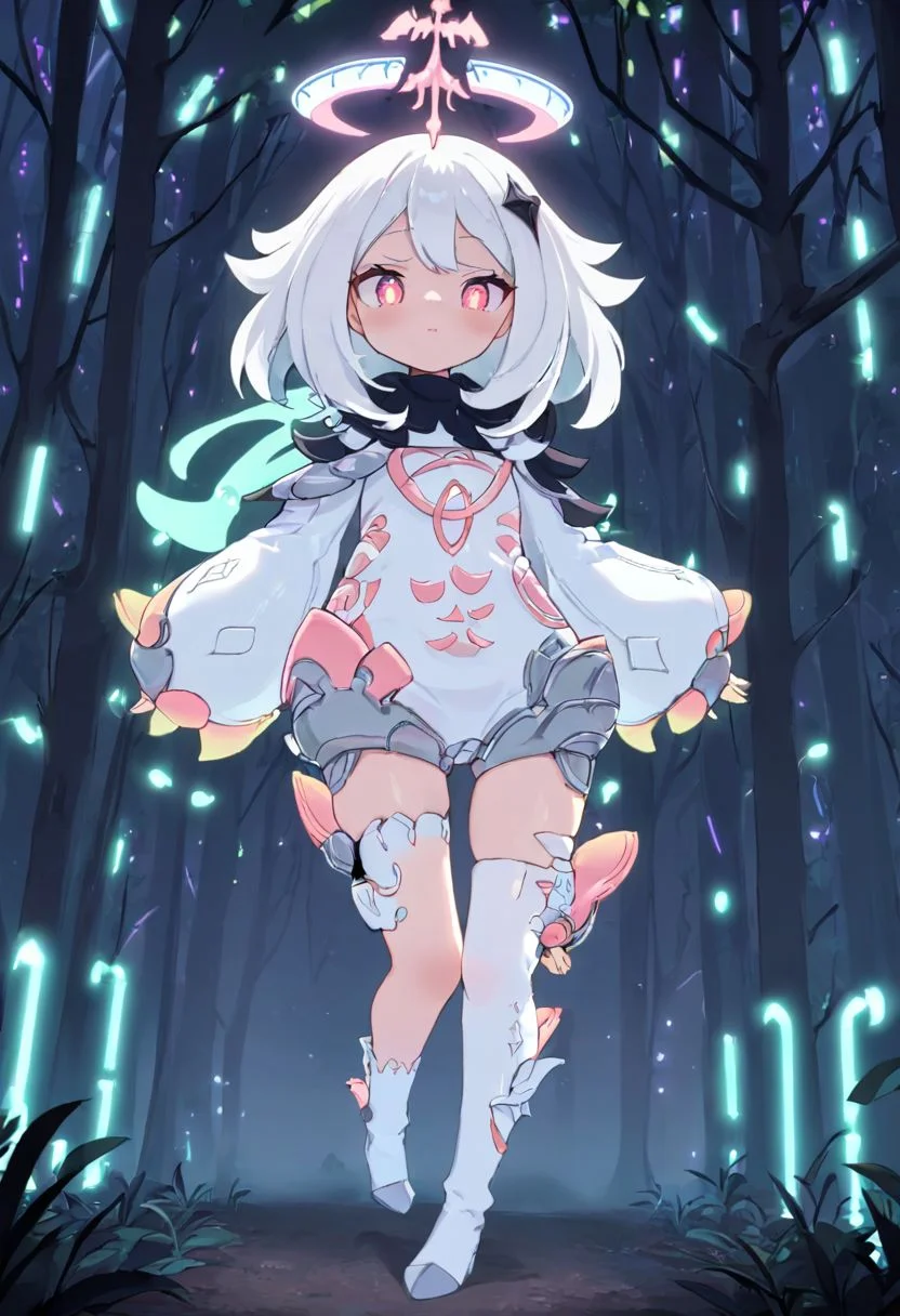 <lora:xl_paimeng girl2-000008:1>,paimeng girl,white hair,Special clothing,
Paimon clothing with futuristic details, cyberpunk, neon lights on the armor, at night, in the forest, Paimon clothing gothic armor,