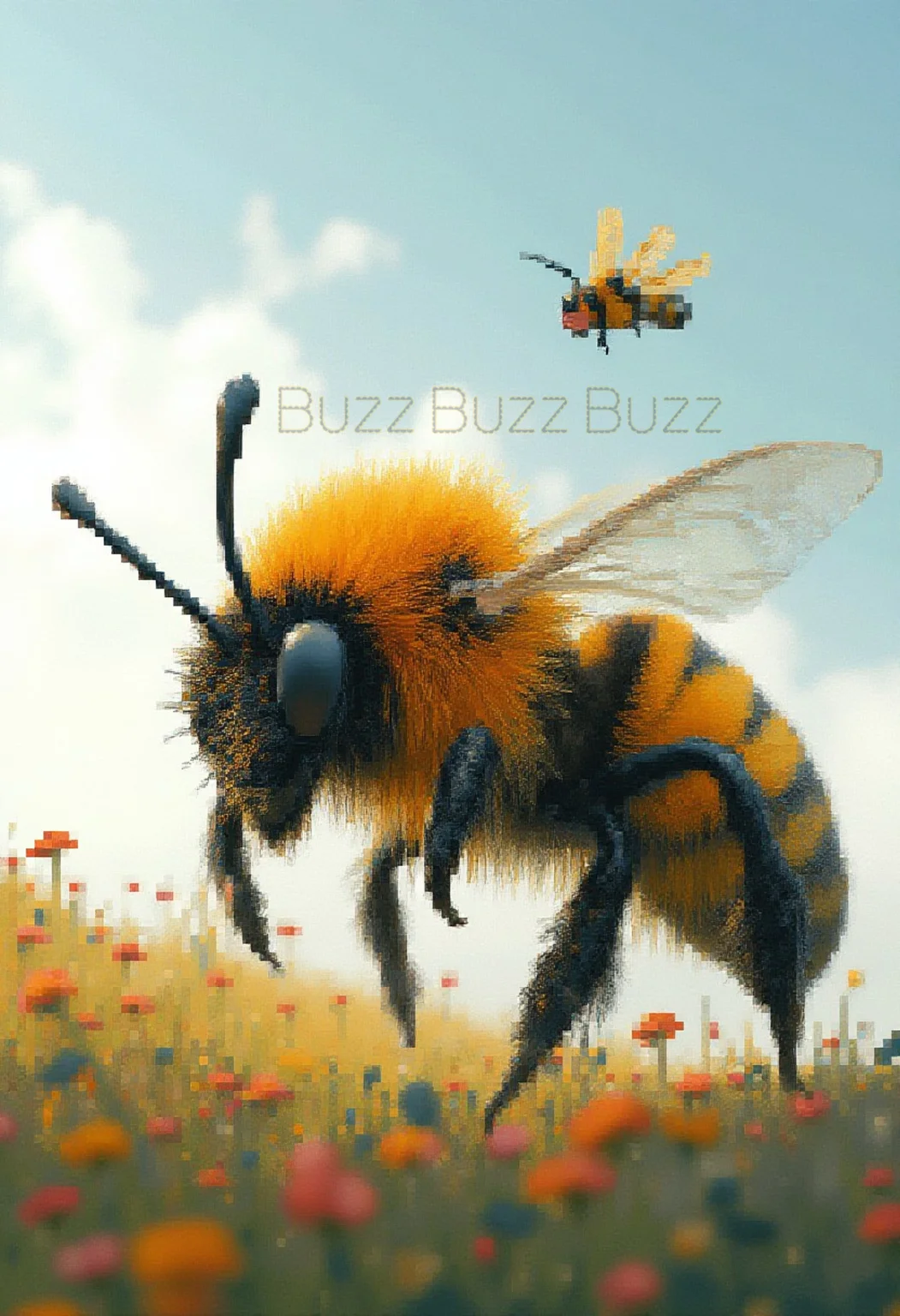 Giant bee, bee flying, flowers on the ground, text “Buzz Buzz Buzz” written on the sky, masterpiece, best quality, double exposure, whimsical, fantastic, intricate detailed, hyperdetailed, maximalist style, sharp focus, harmony, serenity, tranquility,
mysterious glow, ambient occlusion, halation, cozy ambient lighting,dynamic lighting, masterpiece, liiv1, linquivera, metix, mentixis, masterpiece, award winning, pixels