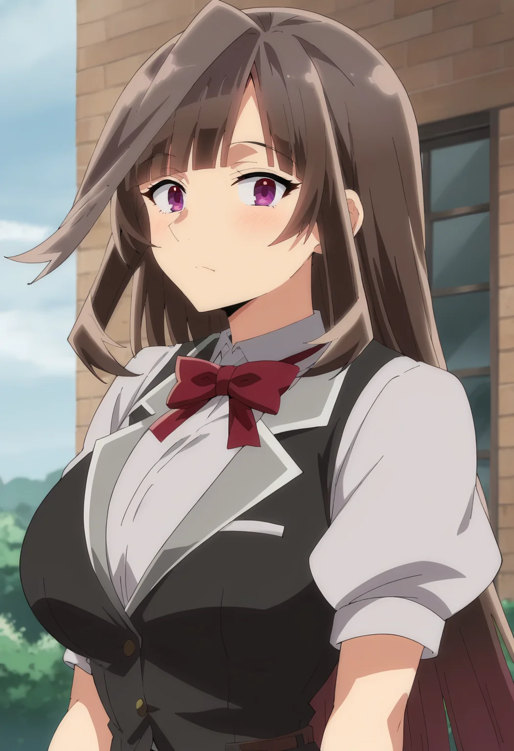 <lora:Mireille Grangeon-000012:0.9> Mireille Grangeon, 1girl, purple eyes, solo, long hair, brown hair, large breasts,blunt bangs, red bow, red bowtie, , white shirt,puffy short sleeves, black vest, looking at viewer, score_9, score_7_up,anime coloring ,source_anime, anime