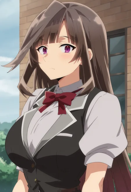 <lora:Mireille Grangeon-000012:0.9> Mireille Grangeon, 1girl, purple eyes, solo, long hair, brown hair, large breasts,blunt bangs, red bow, red bowtie, , white shirt,puffy short sleeves, black vest, looking at viewer, score_9, score_7_up,anime coloring ,source_anime, anime