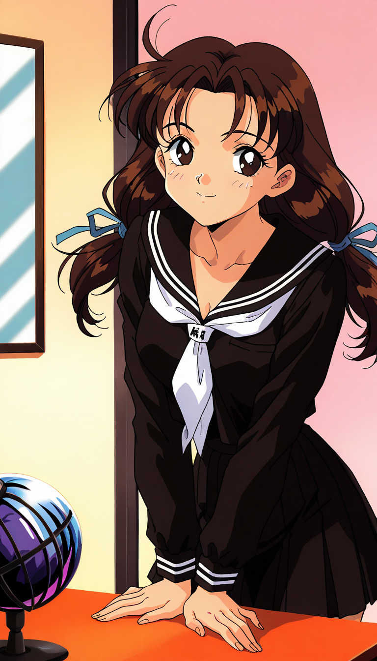 masterpiece, best quality, good quality, <lora:Minegishi_Kyouko_IS:1>  1990s \(style\),anime coloring, 
Minegishi_Kyouko, brown hair, ahoge, brown eyes, breasts, long hair, twintails, hair ribbon, blue ribbon,  
1girl, solo, school uniform, black skirt, blush, black serafuku, long sleeves, smile, 
Karaoke, room, desk, mirror ball,