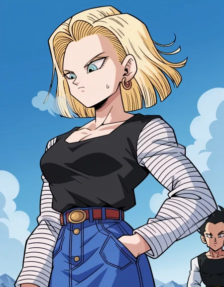 score_9, score_8_up, score_7_up, source_anime, <lora:android-18-anime-ponyxl-lora-nochekaiser:1>, android 18, blonde hair, blue eyes, eyelashes, hoop earrings, short hair, earrings, belt, black legwear, black shirt, breast pocket, cleavage, collarbone, denim, denim skirt, high-waist skirt, jewelry, long sleeves, pocket, shirt, shirt tucked in, skirt, striped, striped sleeves, waistcoat,, snow day, winter clothes, snowball fight, laughter, cold breath, white landscape, cowboy shot, dutch angle