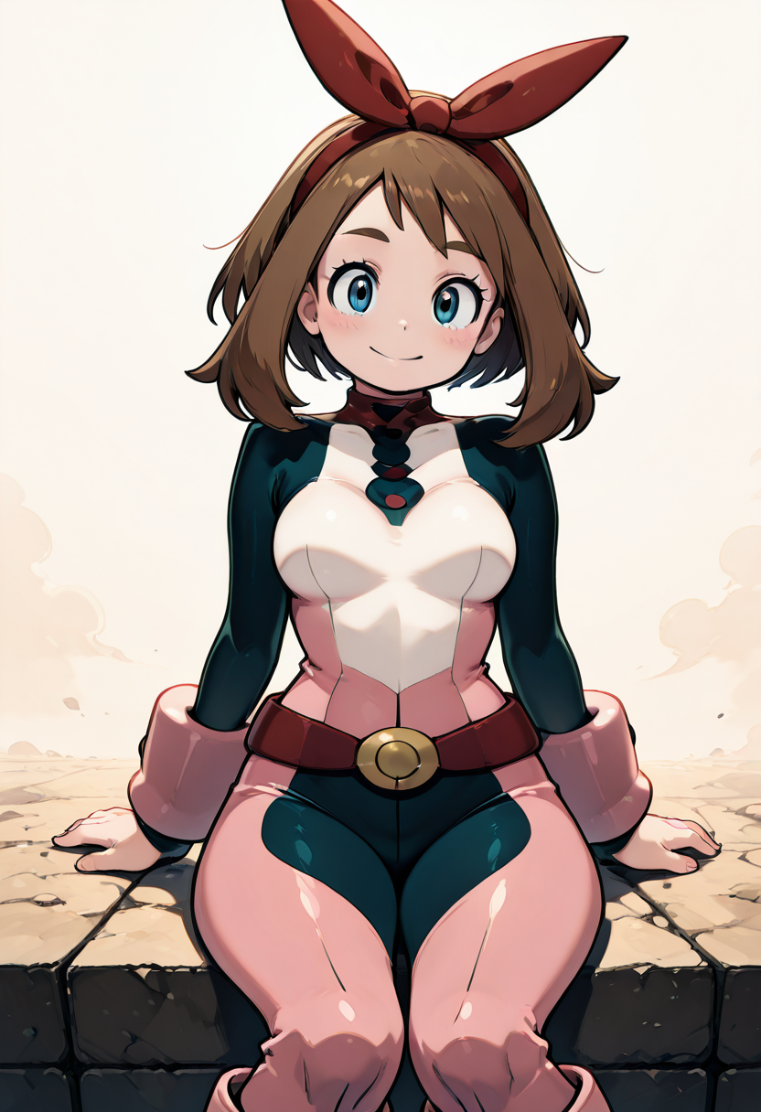 masterpiece, best quality, 1girl, eyelashes, (beautiful eyes), looking at viewer, smile, narrow waist, wide hips,  sitting,  zzMayOchako, blue eyes, brown hair, medium hair, red hairband, knee boots, belt, bodysuit,   (foreshortening),  ,<lora:MayOchakoPokemon_IXL:1.0>, , smile, looking at viewer, cowboy shot,  <lora:ZankuroIXLLight_v2:0.8>,