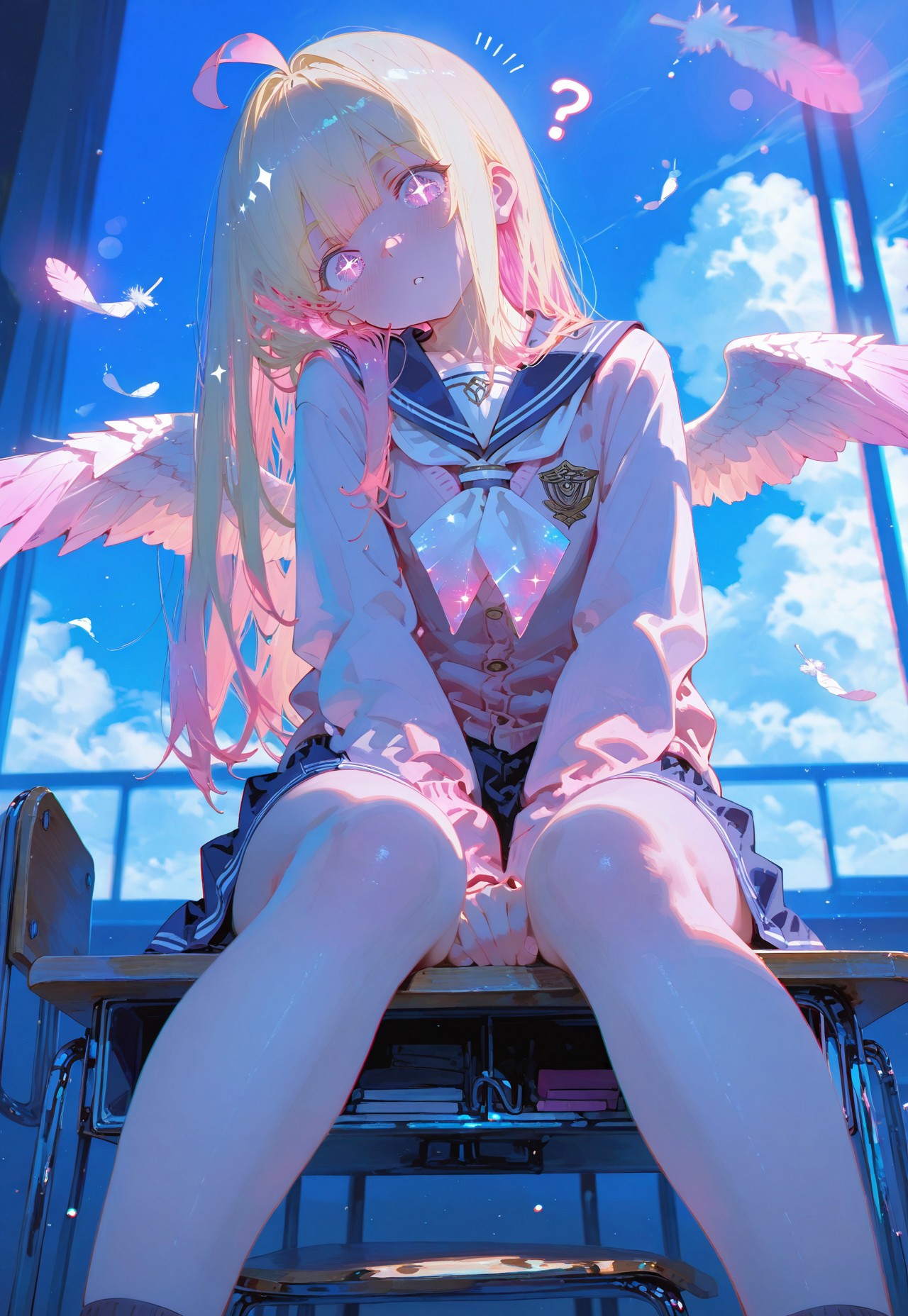 Looking at viewer,low angle,looking at viewer,front view

Sitting on desk,open legs,hands on crotch,head tilt,?,

1 girl, short and petite,(waist length hair:1.2), straight hair,blonde hair, (vibrant pink accents hair:1.1),fair skin,pink eyes, sparkling eyes,ahoge,small wings ,floating feathers

Sailor school uniform,pink sweater,classroom,blue sky, clouds,light from behind

Light from window,day,Dark blue background, glimmer, sparkling effects, (anaglyph refraction:1.5),subtle (blue hue:0.8), and a strong (pink glow:1.4),(Bokeh around character:1.2),(character focus:1.2),

Cunnystyle,748cmstyle,Smooth_Quality,masterpiece,best quality,amazing quality, aesthetic,(vibrant colors:1.5),(bold lines:1.3),(saturated:1.4),((4k,8k,Ultra HD)),((Masterpiece :1.2)),((Best quality :1.2)),((Detailed :1.5)),((Detailed background :1.5))