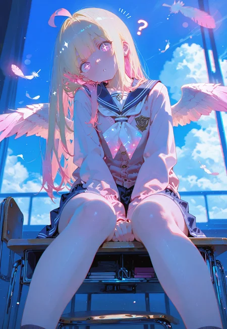 Looking at viewer,low angle,looking at viewer,front view
Sitting on desk,open legs,hands on crotch,head tilt,?,
1 girl, short and petite,(waist length hair:1.2), straight hair,blonde hair, (vibrant pink accents hair:1.1),fair skin,pink eyes, sparkling eyes,ahoge,small wings ,floating feathers
Sailor school uniform,pink sweater,classroom,blue sky, clouds,light from behind
Light from window,day,Dark blue background, glimmer, sparkling effects, (anaglyph refraction:1.5),subtle (blue hue:0.8), and a strong (pink glow:1.4),(Bokeh around character:1.2),(character focus:1.2),
Cunnystyle,748cmstyle,Smooth_Quality,masterpiece,best quality,amazing quality, aesthetic,(vibrant colors:1.5),(bold lines:1.3),(saturated:1.4),((4k,8k,Ultra HD)),((Masterpiece :1.2)),((Best quality :1.2)),((Detailed :1.5)),((Detailed background :1.5))