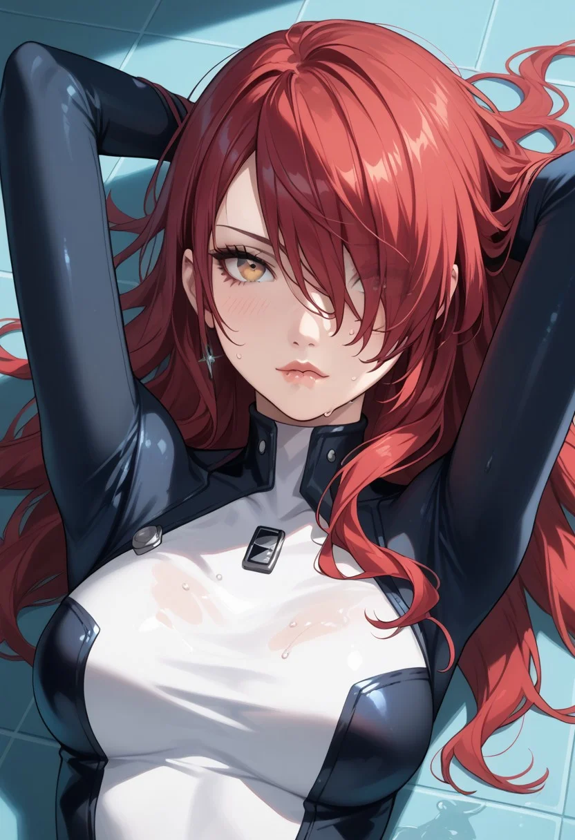 masterpiece,best quality, highly detailed, score_9, score_8_up, score_7_up, score_6_up, source_cartoon, p3mitsuru, kirijou mitsuru, long hair, red hair, hair over one eye,
BREAK
BREAK
1girl, close-up, chrome floor, space station, reflective floor, dim lighting, large breasts, wet skin, flushed cheeks, messy hair, sweaty, sensual expression, biting lip, detailed textures, glossy liquid, raw emotion, explicit focus, eye contact, erotic tension, intimate atmosphere, laying on floor, on back,, hair in face, looking at viewer, bodysuit, black bodysuit, arms behind head, upset, close-up, skin-tight,
BREAK
dynamic light, cold_light, vibrant colors cold_colors, soft focus, high contrast, textured surfaces, depth of field, rgb lighting, dramatic shadows, rich details, blue color palette, playful composition.
,dynamic angle,dynamic light,background,