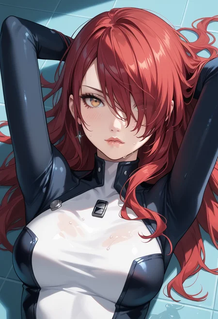 masterpiece,best quality, highly detailed, score_9, score_8_up, score_7_up, score_6_up, source_cartoon, p3mitsuru, kirijou mitsuru, long hair, red hair, hair over one eye,
 BREAK
 BREAK
1girl, close-up, chrome floor, space station, reflective floor, dim lighting, large breasts, wet skin, flushed cheeks, messy hair, sweaty, sensual expression, biting lip, detailed textures, glossy liquid, raw emotion, explicit focus, eye contact, erotic tension, intimate atmosphere, laying on floor, on back,, hair in face, looking at viewer, bodysuit, black bodysuit, arms behind head, upset, close-up, skin-tight, 
 BREAK
dynamic light, cold_light, vibrant colors cold_colors, soft focus, high contrast, textured surfaces, depth of field, rgb lighting, dramatic shadows, rich details, blue color palette, playful composition.
,dynamic angle,dynamic light,background,