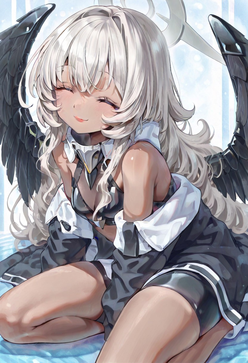 dshe, soft colors, pastel colors, traditional media, masterpiece, hires, solo, 1girl, skindentation, closed eyes, lips, smile, grey hair, pose, ashy dark-skinned female, bare shoulders, baggy jacket, black feather wings, metallic wings, bike shorts, bare legs, mechabare
