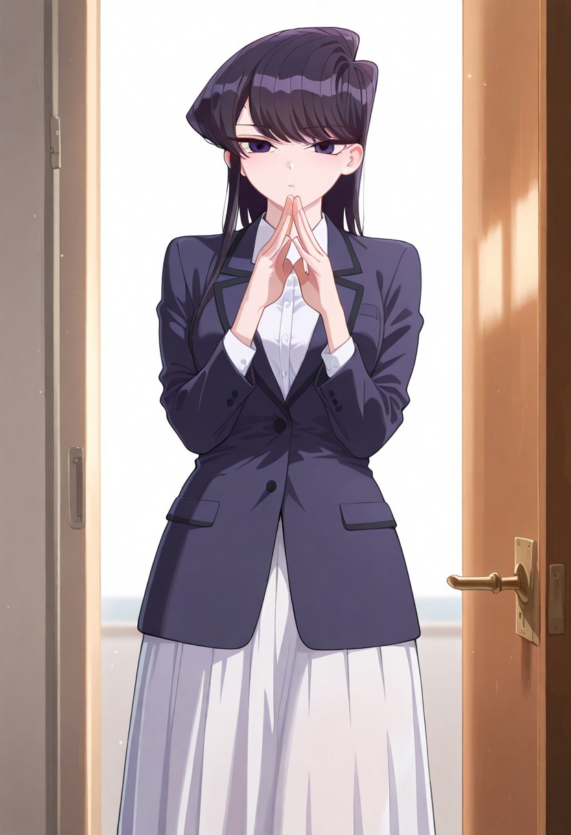 masterpiece, best quality, amazing quality, high quality, absurdres, highres, cinematic lighting, dynamic angles, cinematic angles, (solo, blurry white background, front view, RANDOM_STYLE), (1girl, komi shouko, young adult, black hair, long hair, bangs, purple eyes, black jacket, white shirt, white long skirt), (perfect hands, perfect fingers, anatomically correct hands)