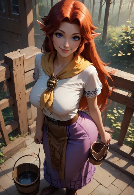 <lora:add-detail-xl:3>, score_9, score_8_up, score_7_up, pinup girl pose, volumetric lighting, mood lighting, cinematic lighting, dark cinematography, semi-realistic, Expressiveh, side view, ranch, wooden fence
BREAK, 1girl, cremia, white shirt,short sleeves,boots,belt,purple skirt,long skirt,brown belt,yellow neckerchief, red hair,
BREAK, very long hair, massive tits, sagging tits, lips, standing, smiling, holding wooden bucket,
BREAK, very high angle
