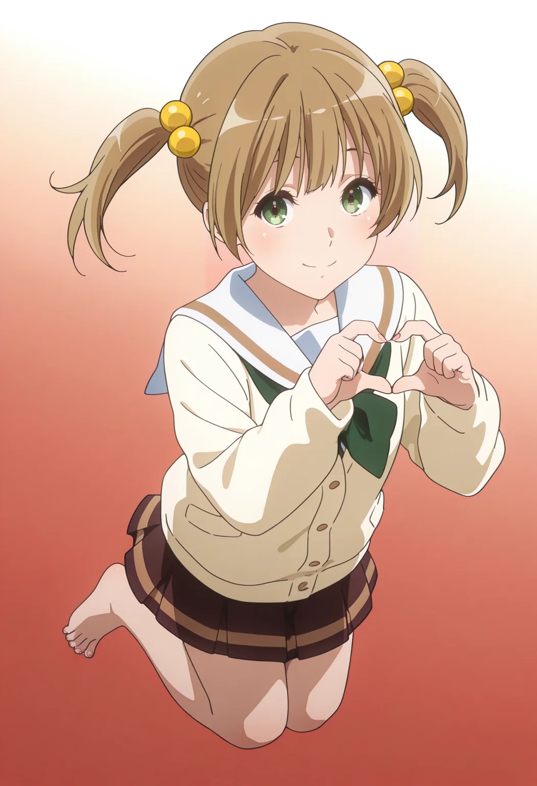 very awa, masterpiece, best quality, year 2024, newest, highres, absurdres,
red background, gradient background, very aesthetic, detailed background, full body, looking at viewer,  feet, 
1girl, solo,  <lora:Satsuki_Suzuki:1> sacchan, brown hair, twintails, hair bobbles, green eyes, cardigan, kitauji high school uniform, green bowtie,  detailed face, pastet , <lora:anatomy_helper:1>, jumping,  barefoot, from above,  <lora:lora-add:0.5> toes, nailtoes, heart hands , brown pleated skirt,  smile,