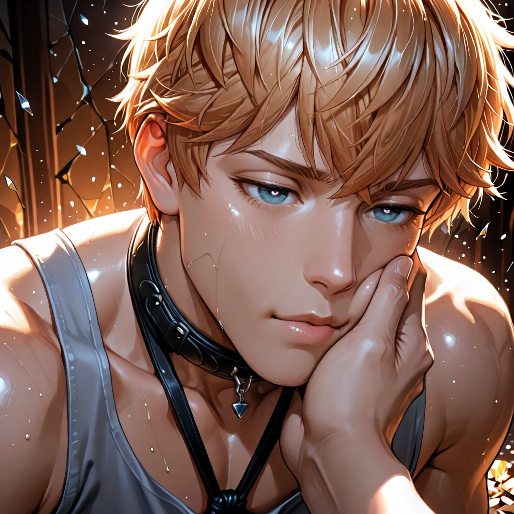 masterpiece, best quality, amazing quality, ultra-detailed, absurdres, highly detailed, cinematic lighting, realistic shading, intricate details, soft lighting, high contrast, depth of field, shiny skin, 1 boy, male focus, <lora:LoveProducer_Kiro:0.8> Love_Kiro, Love_Kiro_blond_short_hair, Love_Kiro_blue_eyes, Slow, lingering gaze, half-lidded eyes radiating passion, lips barely touching in a moment of anticipation, flushed cheeks, soft glow reflecting in his pupils., Poses/BDSM GROK, Clothes/clothing_sensual, Angles/angles_3_4_body, misty void with shards, Backgrounds/crazy effect backgrounds, <lora:Style_4k-data_lora_webui:1.5>, <lora:nori31291404_Style_:0.33> noristyle, <lora:NoNameStyleVPRED10:0.33> nonamestyle, <lora:ppw_v7_Illuv1.0_1_r2:0.5>, <lora:Accelerater_ILL_PAseer:1>