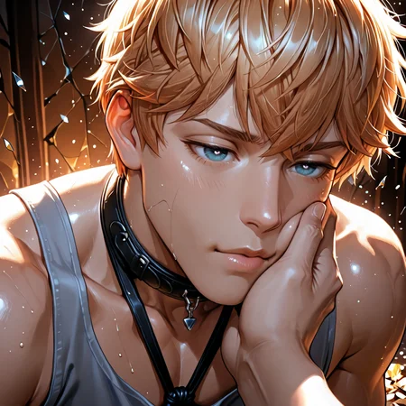 masterpiece, best quality, amazing quality, ultra-detailed, absurdres, highly detailed, cinematic lighting, realistic shading, intricate details, soft lighting, high contrast, depth of field, shiny skin, 1 boy, male focus, <lora:LoveProducer_Kiro:0.8> Love_Kiro, Love_Kiro_blond_short_hair, Love_Kiro_blue_eyes, Slow, lingering gaze, half-lidded eyes radiating passion, lips barely touching in a moment of anticipation, flushed cheeks, soft glow reflecting in his pupils., Poses/BDSM GROK, Clothes/clothing_sensual, Angles/angles_3_4_body, misty void with shards, Backgrounds/crazy effect backgrounds, <lora:Style_4k-data_lora_webui:1.5>, <lora:nori31291404_Style_:0.33> noristyle, <lora:NoNameStyleVPRED10:0.33> nonamestyle, <lora:ppw_v7_Illuv1.0_1_r2:0.5>, <lora:Accelerater_ILL_PAseer:1>