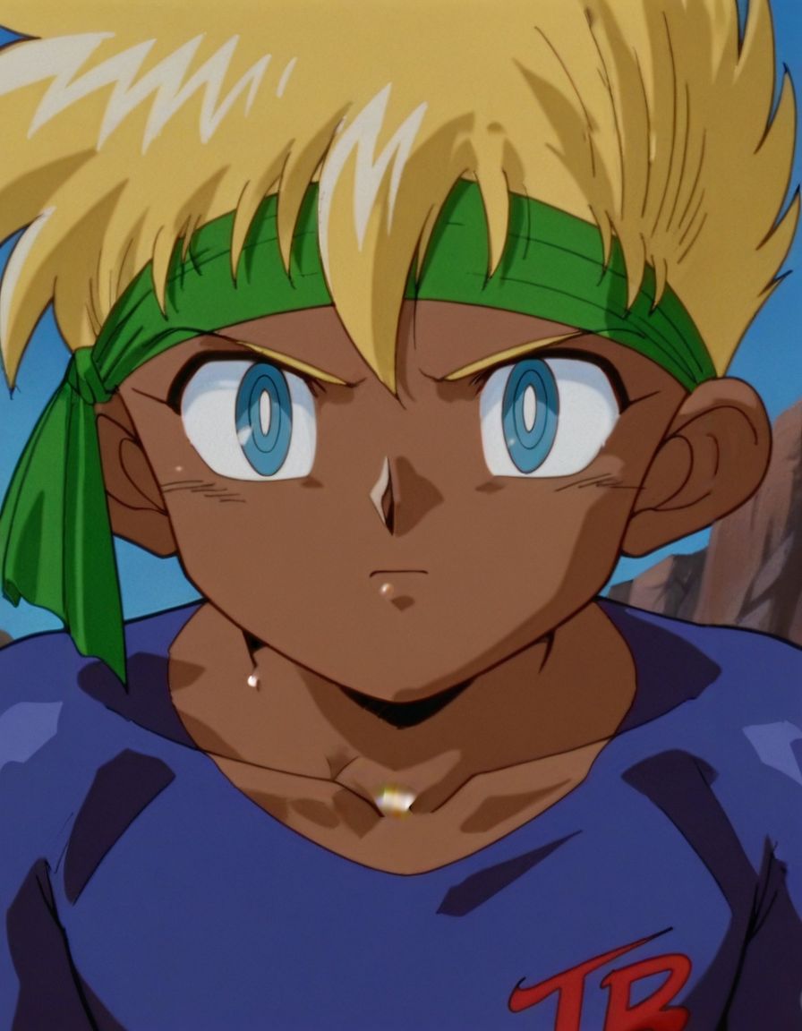 masterpiece, best quality, 1boy, male focus, looking at viewer, solo, upper body, 
Ja1, blue eyes, dark skin, blonde hair, headband, retro artstyle, (body suit), <lora:J:1>, face focus, young male,