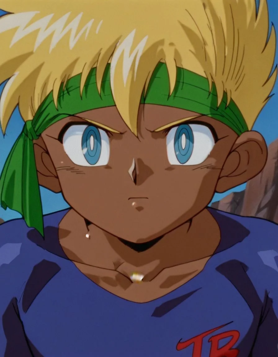 masterpiece, best quality, 1boy, male focus, looking at viewer, solo, upper body, 
Ja1, blue eyes, dark skin, blonde hair, headband, retro artstyle, (body suit), <lora:J:1>, face focus, young male,
