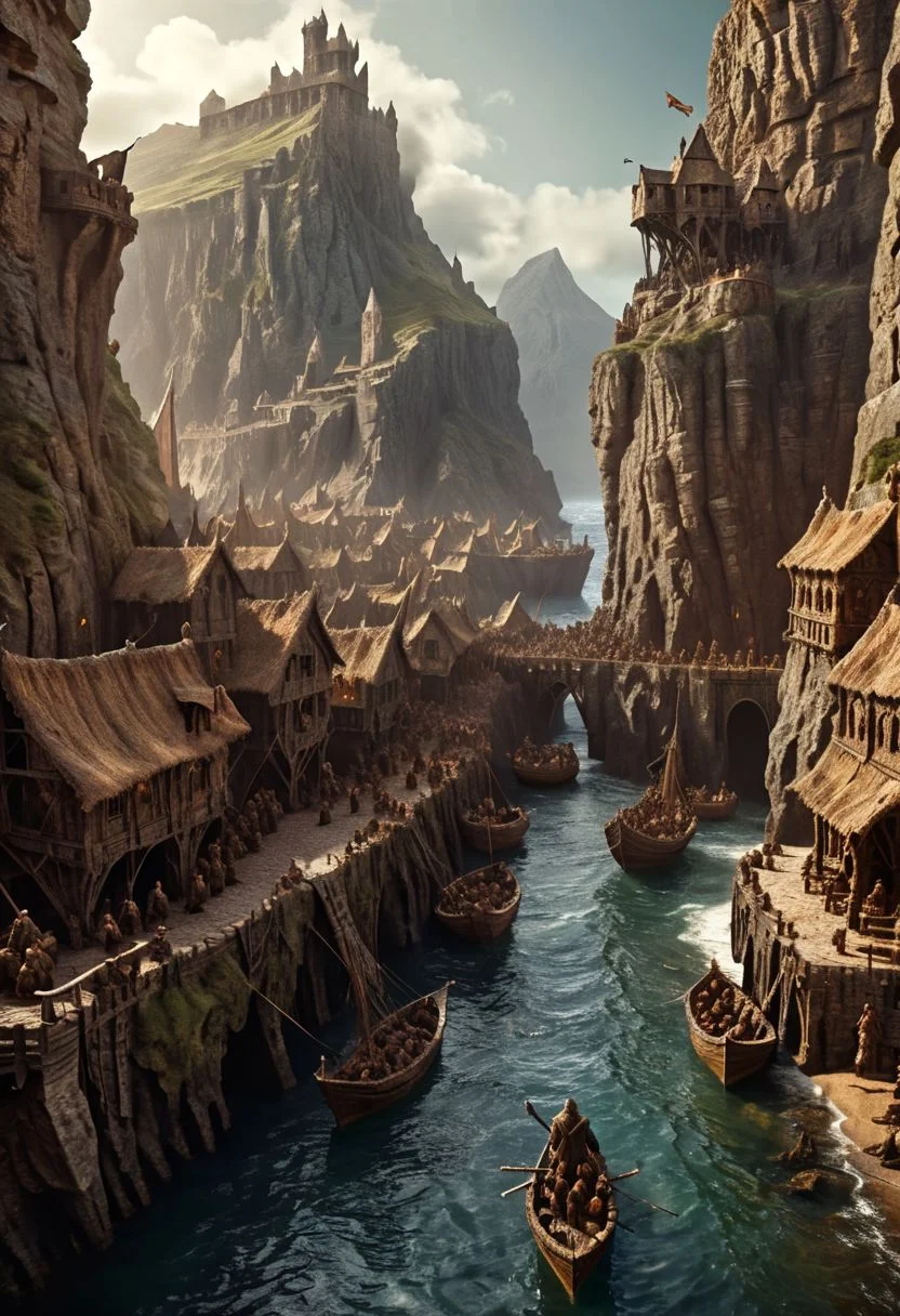 extremely detailed, hero shot, high detail, hires textures, incredibly detailed, intricate details, elaborate diorama, masterpiece, hyperrealism, masterpiece, cliff background, pleasant, stately, game of thrones, a small group of humans elves and dwarves disembark onto a settlement in a fantasy world with ancient-ships in the distant background