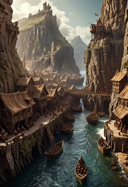 extremely detailed, hero shot, high detail, hires textures, incredibly detailed, intricate details, elaborate diorama, masterpiece, hyperrealism, masterpiece, cliff background, pleasant, stately, game of thrones, a small group of humans elves and dwarves disembark onto a settlement in a fantasy world with ancient-ships in the distant background