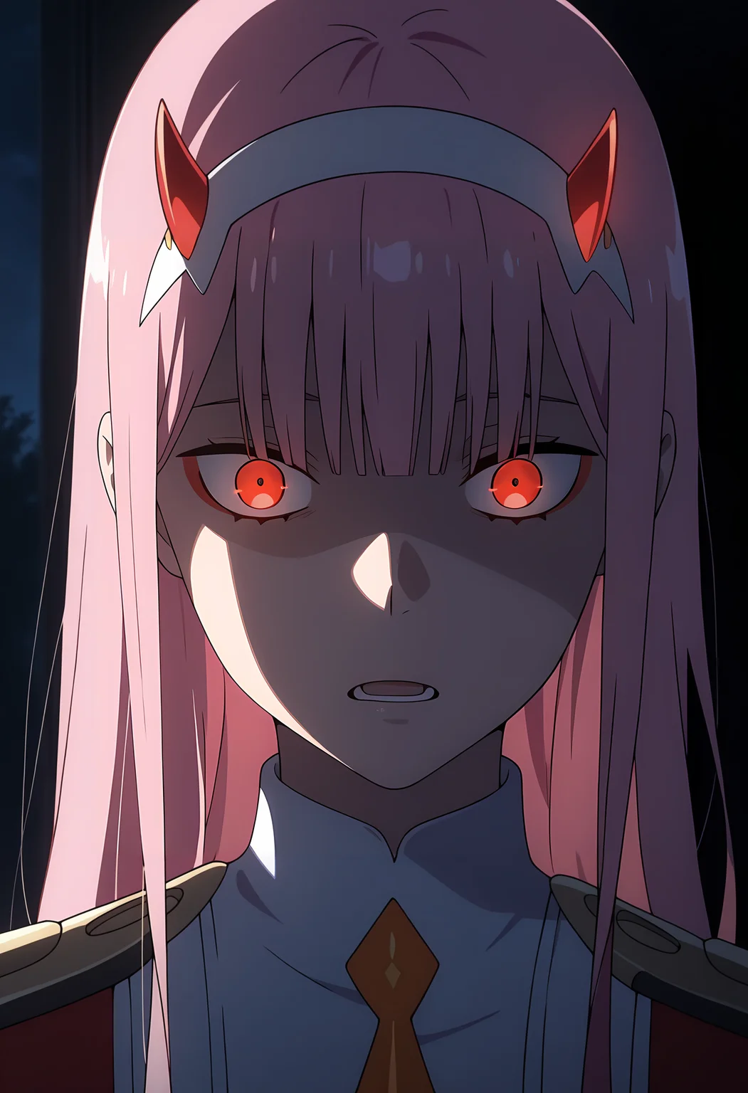 anime screencap, masterpiece, best quality,
<lora:DarlingInTheFranxx_ZeroTwo_IlluXL:0.9>,
1girl, solo, parted lips, constricted pupils, glowing eyes, glowing horns, head down, lower teeth only, shaded face,
blunt bangs, long hair, pink hair, red eyes, red eyeshadow, red horns, white hairband,
red dress, short necktie, orange necktie,
straight-on, portrait, upper body, looking at viewer,
backlighting, dark, night, horror \(theme\), black background
