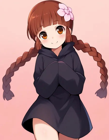 <lora:Grgrkukuri_SDXL_Illustrious01_fp16_ver01:1>,Grgrkukuri,1girl,solo,  blunt bangs,braid, brown eyes, twin braids,brown hair,black robe,hair flower,smile,cowboy shot,, masterpiece, best quality, very aesthetic, absurdres,<lora:detailed_hands:1>,hand