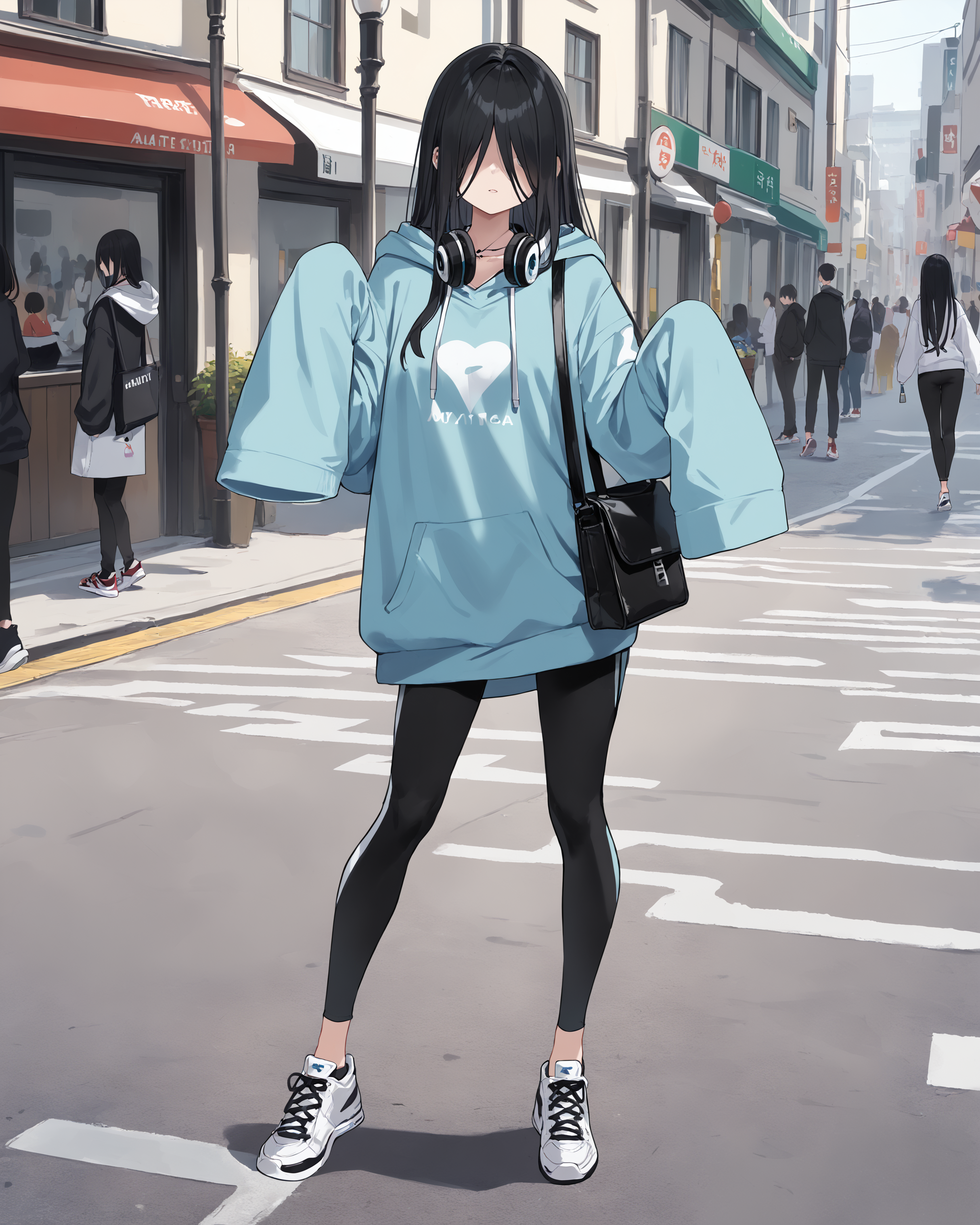 <lora:Martina_LOR:0.8> MartinaLOR, black hair, long hair, hair over eyes, oversized sweater hoodie, long sleeves, sleeves past fingers, headphones on neck, sling bag, slim yoga pants, sneakers, in the middle of a crowded street