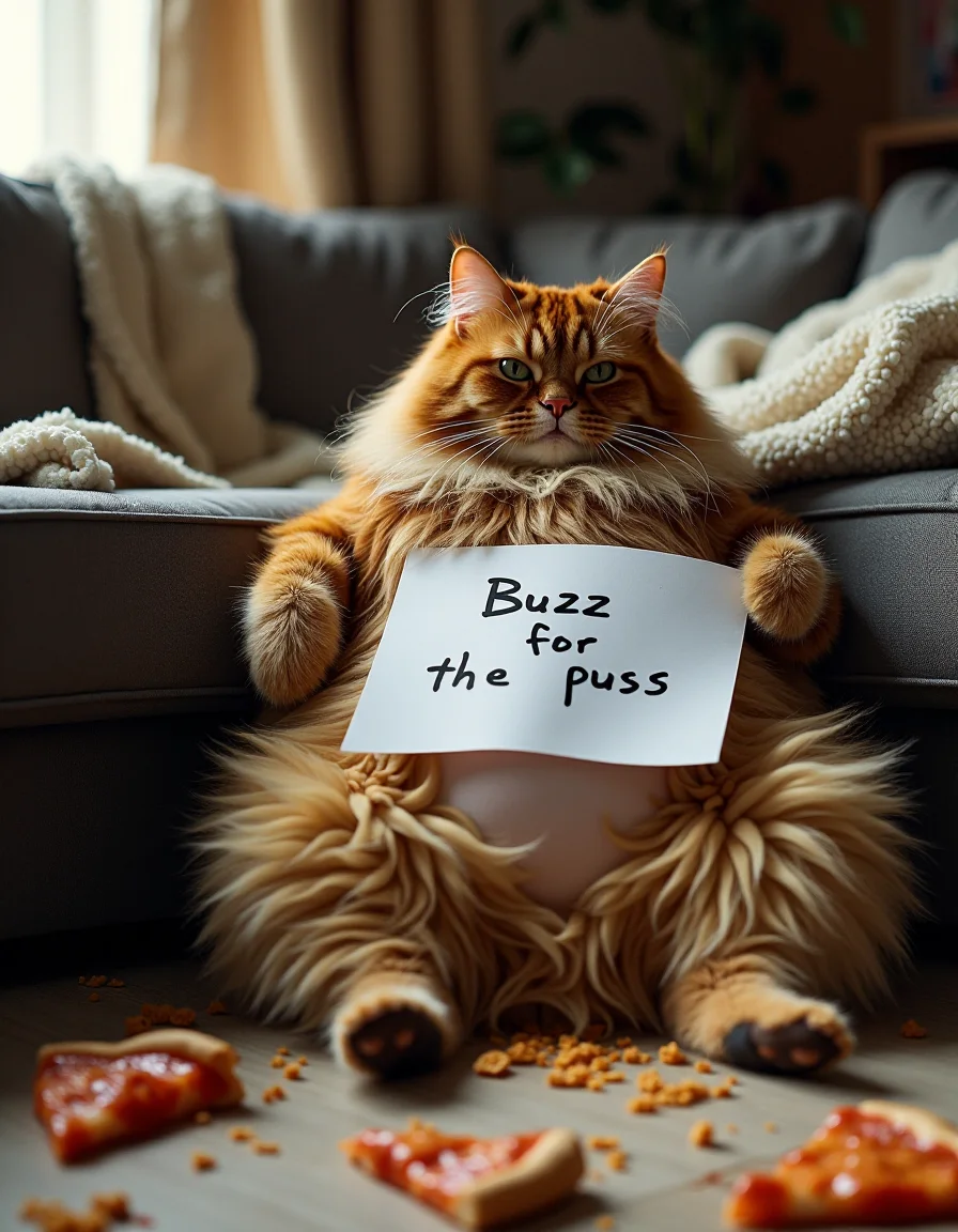 A cat with a long messy hair and long beard is lying on the couch, exposing his big belly, he doesn't care that his apartment is a mess, you slices of pizza  leftovers half eaten on the floor, his apartment is a real mess, he is holding a white paper saying "Buzz for the puss". There is garbage everywhere.