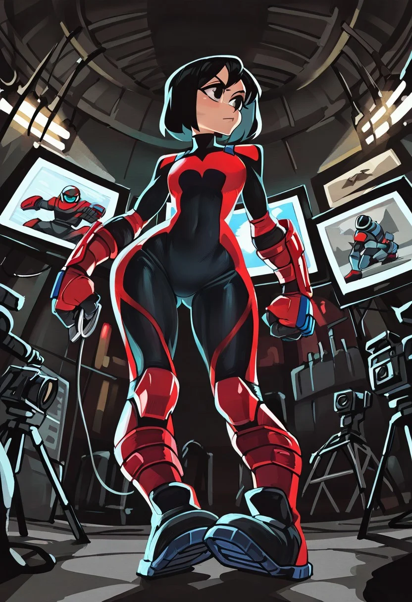 , masterpiece ,best quality, amazing quality,1male, , MII Brawler, black hair, black Eyes,short hair, petite body, wide hips, narrow waist,flat chest,standing,black shoes,solo,indoors, gay, dynamic perspective,cameras, lights,red fighting suit, fists up, low angle, looking away , photo studio, graphic screen, dynamic background, (dark shadows:1.1), (high contrast:1.1), volumetric lighting, (artist:bongfill)