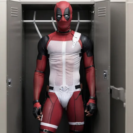 1boy, Deadpool, bodysuit, standing in locker room, wearing white jockstrap, dramatic lighting, high detail, homoerotic, highly detailed,