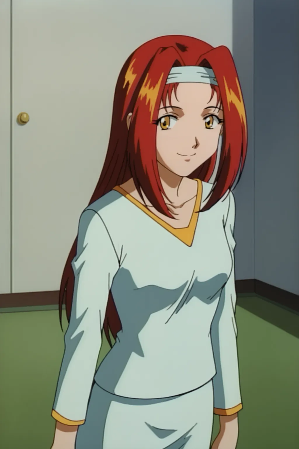 score_9,  best, masterpiece, uncensored,
indoors,
1girl, solo, smile, 1990s (style), retro artstyle,
DWKojiJitsuko, RegOutfit, headband, light blue v-neck with pink accents, light blue pencil skirt,
yellow eyes,
<lora:DWKojiJitsuko:0.8>​​​