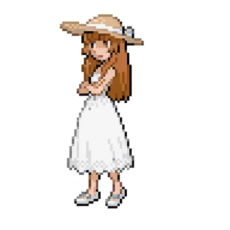 1girl,
orange hair, blunt bangs, hime cut, long hair, brown eyes, sun hat, dress, crossed arms