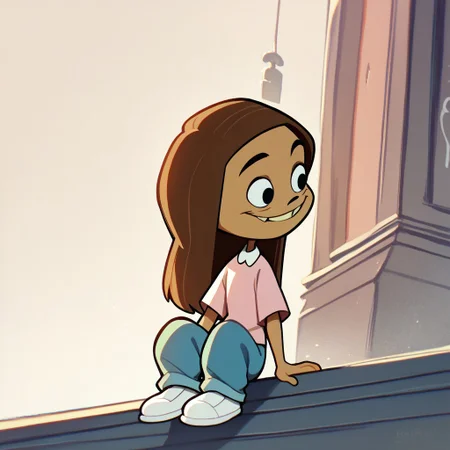score_9, score_8_up, score_7_up BREAK KimCat, 1girl, long brown hair, tan skin, black eyes, tooth gap, white-collared short-sleeved pink shirt, blue pants, white shoes,