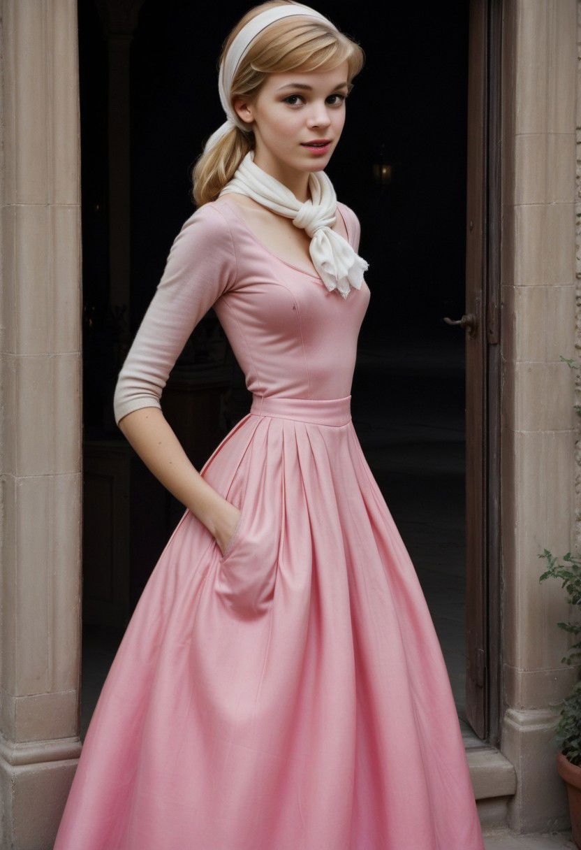 Ultra Realistic, long shot, view from outside,  Cinderella, wearing  everyday-dress, white scarf tied in hair, holding a pink dress in her hands