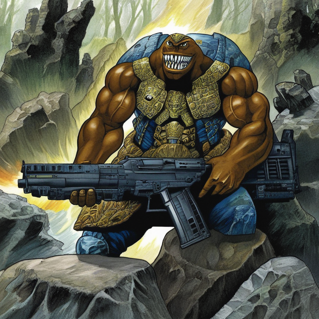 armor, rock, teeth, richard kane ferguson, jacket, dark skin, mecha, nature, sharp teeth, gun, muscular, instrument