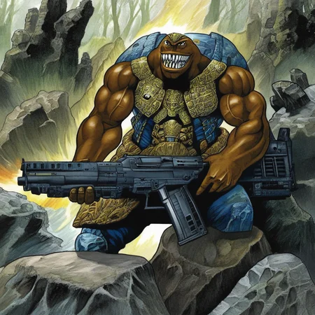 armor, rock, teeth, richard kane ferguson, jacket, dark skin, mecha, nature, sharp teeth, gun, muscular, instrument