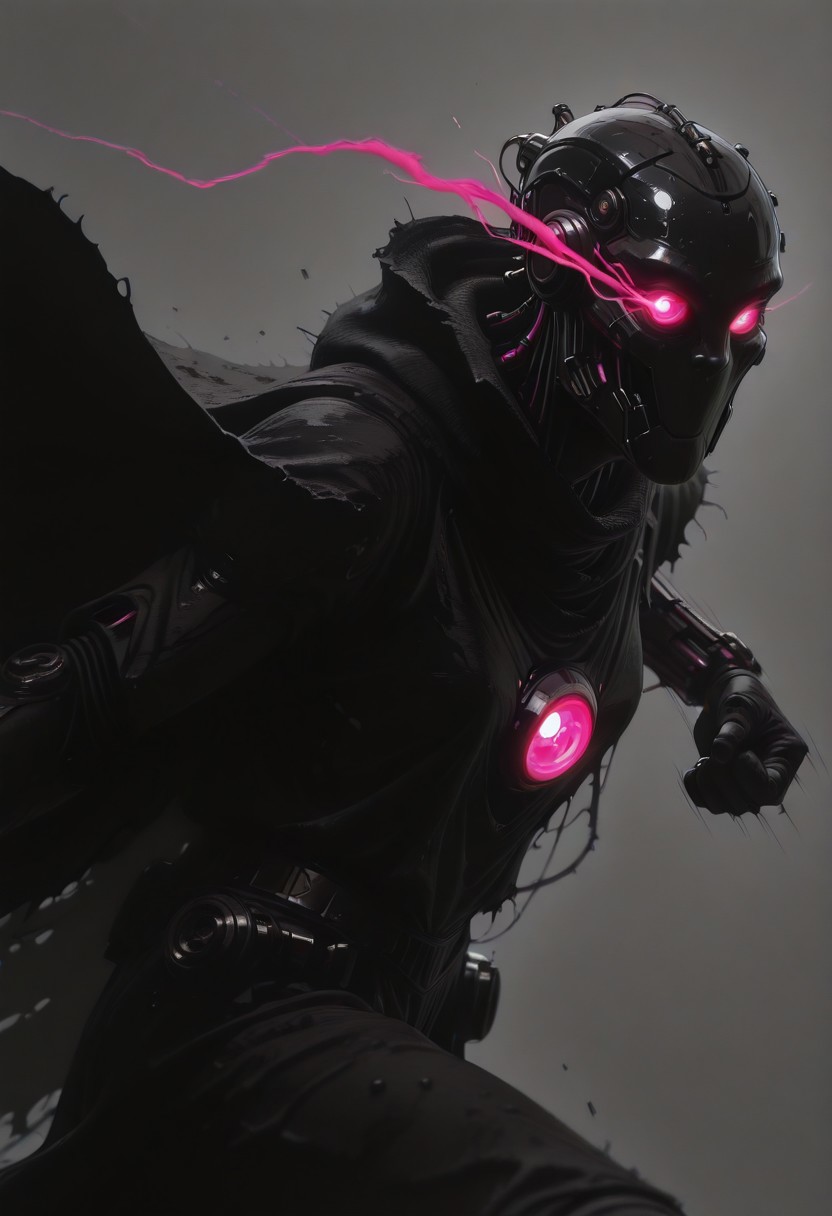 enistyle, head Closeup portait, eerie dark humanoid robot, cloak, glowing eyes, Side view, billowing cape,delivering punch, intricate technical details, fine wires, sci-fi themed, dynamic pose, atmospheric blue-pink sundawn, high quality, newest, best quality, high resolution, orb-head, ethereal, armored, sci-fi, atmospheric, dystopien, grey, gritty, eye-trails, fighting-stance, eye trail, zone-eyes
