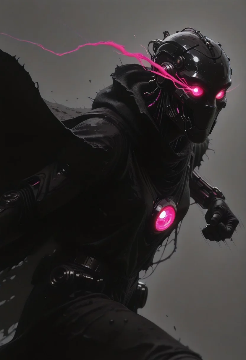enistyle, head Closeup portait, eerie dark humanoid robot, cloak, glowing eyes, Side view, billowing cape,delivering punch, intricate technical details, fine wires, sci-fi themed, dynamic pose, atmospheric blue-pink sundawn, high quality, newest, best quality, high resolution, orb-head, ethereal, armored, sci-fi, atmospheric, dystopien, grey, gritty, eye-trails, fighting-stance, eye trail, zone-eyes