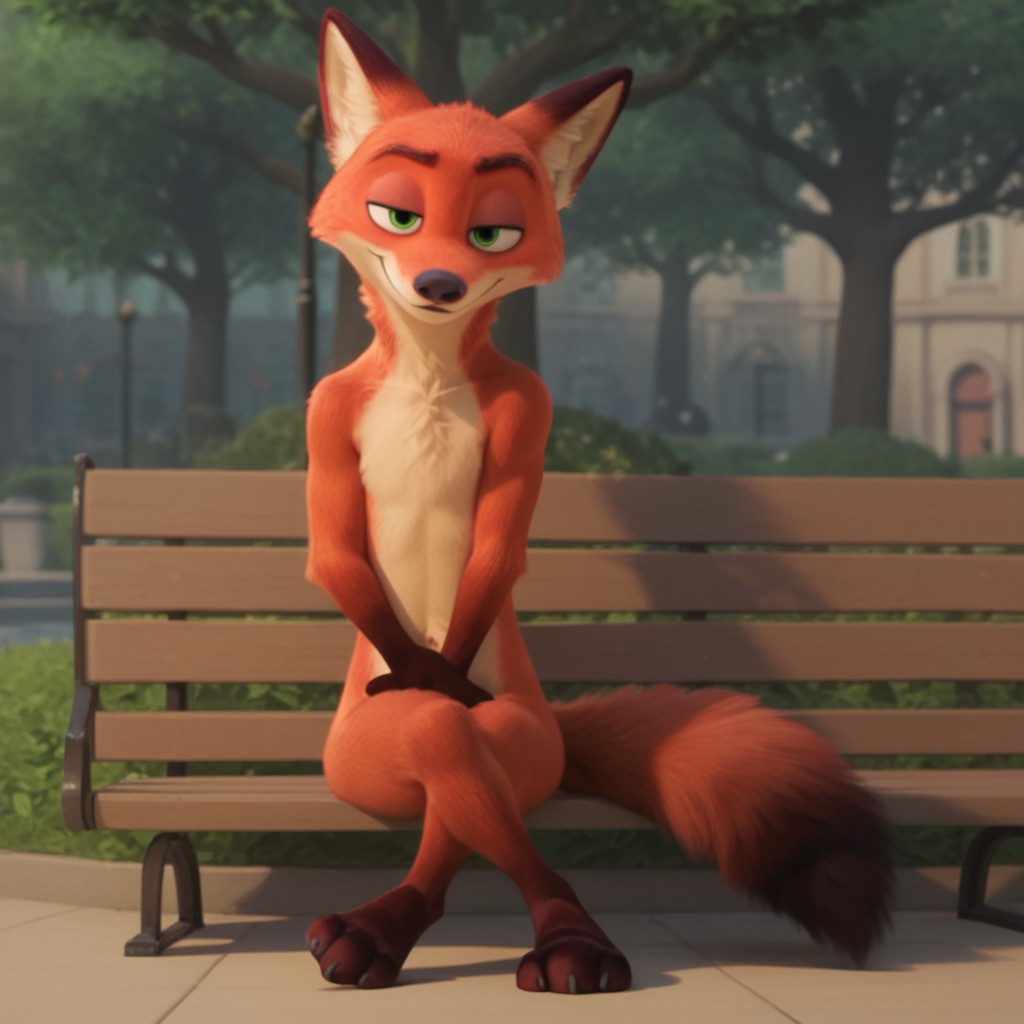 score_9, score_8_up, score_7_up, score_6_up, score_5_up, score_4_up, source_furry, WildeNickzt, anthro, male, fox, orange fur, green eyes, sitting, on a park bench, crossed legs, smile,  hands covering crotch,