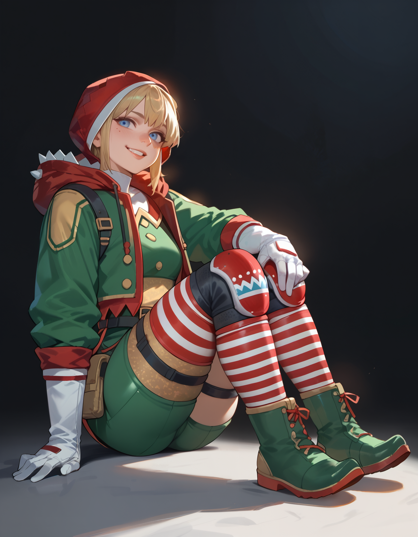 (embedding:Pony_PDXL_Negative_Embeddings\zPDXL2),dark background,pdrshk,1girl,solo,white gloves,boots,striped legwear,striped thighhighs,footwear,green footwear,jacket,short hair,green jacket,two-tone knee pads,bodysuit,green bodysuit,hood,red hood,red knee pad,green knee pad,pouch,blonde hair,belt,headwear,hat,green hat,red hat,looking_at_viewer,smile,blue eyes                                 <lora:MyTrainings\Temp\Wattson_Shocking_Stuffer_XL_Pony_ARZUMATA.safetensors:0.7>