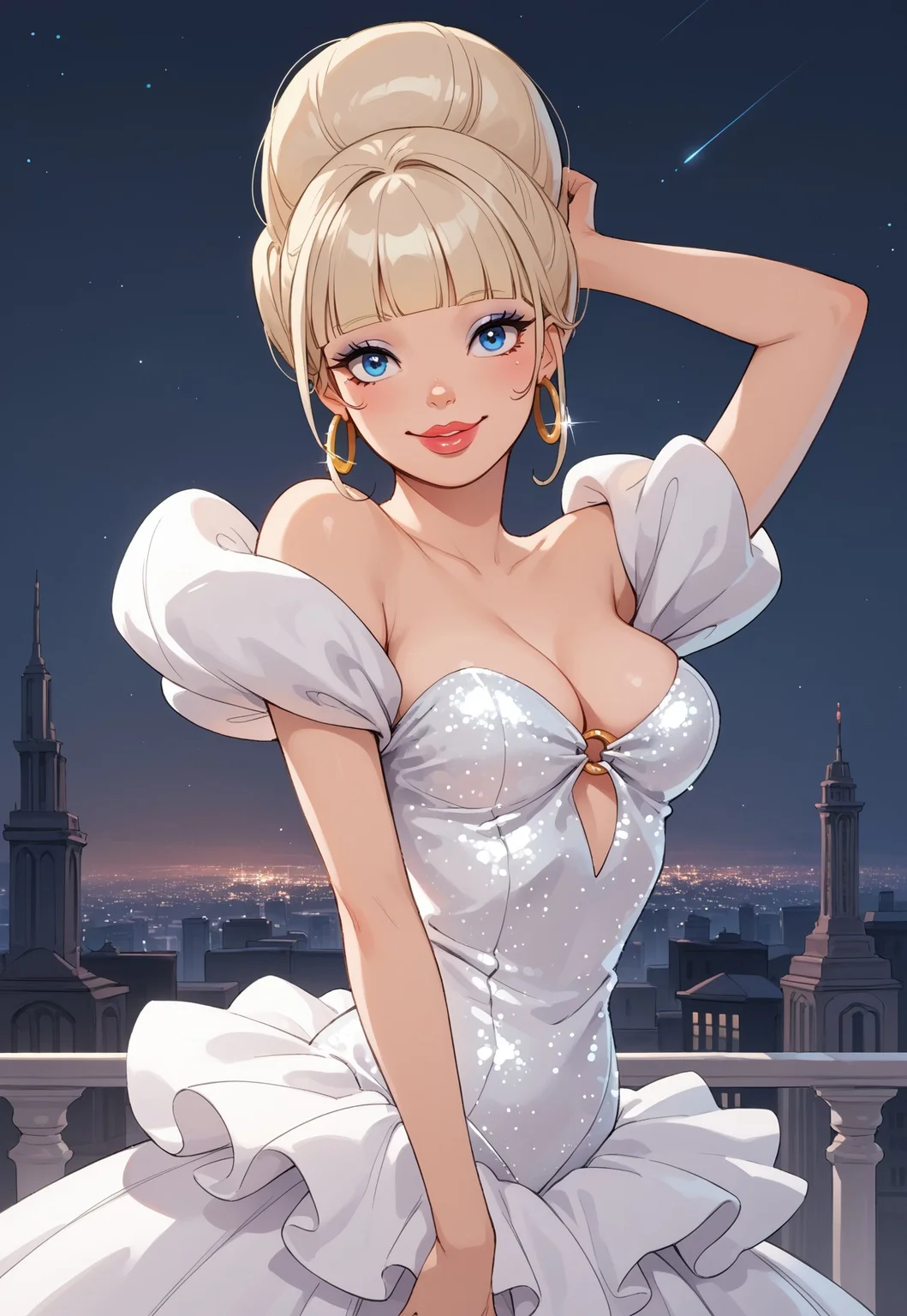 safe_pos, score_9, score_8_up, score_7_up, source_anime, source_explicit,,flat illustration, flat colors, lineart,
city by night background, skyscrapers, pink neons,
CharlotteXLP, blonde hair, makeup, blue eyes, hair bun, lips
woman, gorgeous, beautiful, dark eyes, lips, big lips, platinum blonde hair short hair with blunt bangs,
wearing silver sequin dress, puffy shoulders, o-ring cleavage, golden hoop earrings, ruffled offshoulder
smiling, standing pose,
rim lighting,
