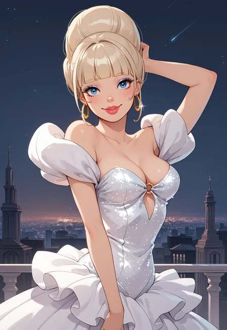 safe_pos, score_9, score_8_up, score_7_up, source_anime, source_explicit,,flat illustration, flat colors, lineart,

city by night background, skyscrapers, pink neons,

CharlotteXLP, blonde hair, makeup, blue eyes, hair bun, lips
woman, gorgeous, beautiful, dark eyes, lips, big lips, platinum blonde hair short hair with blunt bangs,
wearing silver sequin dress, puffy shoulders, o-ring cleavage, golden hoop earrings, ruffled offshoulder

smiling, standing pose, 

 rim lighting, 
