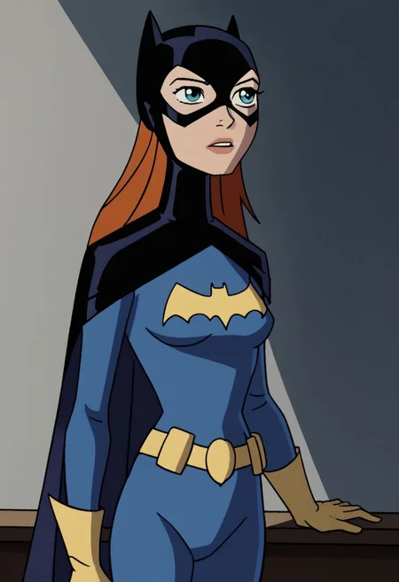score_9_up, score_8_up, score_7_up, 1 girl, solo, batgirl, ginger hair, mask, gloves, bodysuit, cape, batgirl classic suit, standing against bar, simple background <lora:teentitans_pony_v1:1>