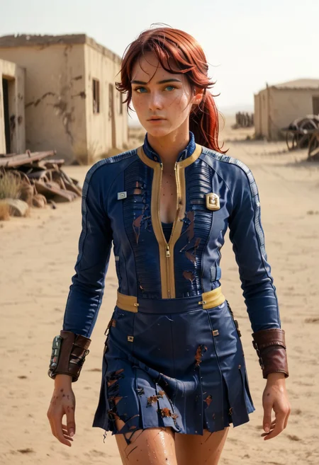 1woman, Masterpiece, 8k, ultra high detail, score_9, score_8_up, score_8, 21yo,  small breast size, long red hair in ponytail with bangs, fcNeg, stunning blue eyes, freckles, tan skin, small nose, innocent beauty, slim face,  skinny athletic body:0.8, toned body, perfect body, extreme detail, light Sweating, 
FalloutCinematic, the remnants of an old vault tec jumpsuit, wearing a mixture of an old vault-suit and leather and metal armor, leather skirt, deep,  cleavage:0.8, 
ready to fight, never giving up, dirty clothes, 
Desert scifi Wasteland, walking on decaying road in Mojave wasteland, 
Heat_shimmer,  wasteland, destroyed Collapsing buildings in near background, 
End of the World,  
negative_hand, NightScapes,