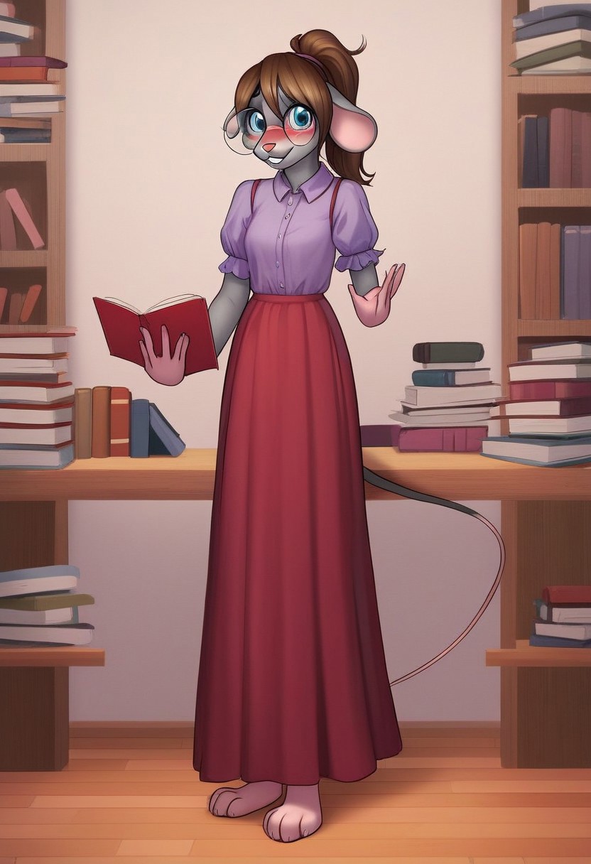 (ultra realistic, 32k, masterpiece:1.2), (high detailed skin:1.1), (high quality:1.1), source_furry,   <lora:add-detail-xl:.5>, Anthro,  smooth image,  score_7_up, score_8_up,score_9,perfect quality, masterpiece,Rachelle, mouse girl,grey and light pink fur, mouse ears, buck teeth, Slim body, medium breasts,ponytail,Anthro,mouse tail,full body, standing, reading a book,wearing a long skirt,round glasses,shy, timid,looking at viewer,timid smile, blushing