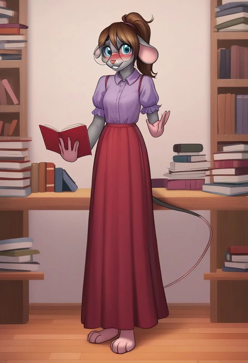 (ultra realistic, 32k, masterpiece:1.2), (high detailed skin:1.1), (high quality:1.1), source_furry,   <lora:add-detail-xl:.5>, Anthro,  smooth image,  score_7_up, score_8_up,score_9,perfect quality, masterpiece,Rachelle, mouse girl,grey and light pink fur, mouse ears, buck teeth, Slim body, medium breasts,ponytail,Anthro,mouse tail,full body, standing, reading a book,wearing a long skirt,round glasses,shy, timid,looking at viewer,timid smile, blushing