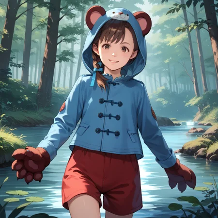 anime coloring, score_9, score_8_up, score_7_up, score_6_up, natalia-korda, resident evil, 1girl, blue ribbon, brown eyes, brown hair, lips, braid, blue jacket, paw gloves, red shorts, marching, smiling, in the forest, creek, undergrowth, succulents, animal hood, (bear costume:0.7)