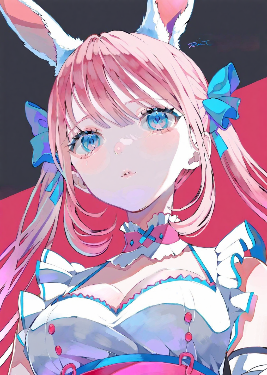 by poire, by yoneyama mai, 
1girl, bunny ears, bangs, cleavage, upper body pink perspective from below, maid anime cute gradient
masterpiece, best quality, high quality, highres, absurdres, very detailed, high resolution, sharp, sharp image, 8k, vivid, colorful, stunning, anime