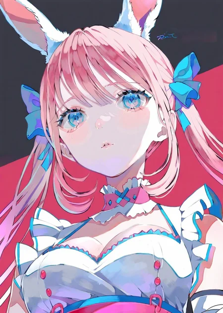by poire, by yoneyama mai,
1girl, bunny ears, bangs, cleavage, upper body pink perspective from below, maid anime cute gradient
masterpiece, best quality, high quality, highres, absurdres, very detailed, high resolution, sharp, sharp image, 8k, vivid, colorful, stunning, anime